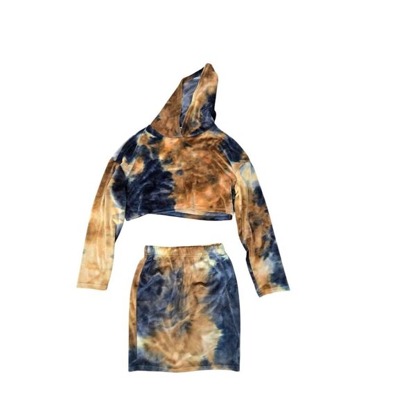 Two Piece Set Velour Black Tan Tie Dye Mini Skirt Cropped Hoodie - Picture 1 of 8